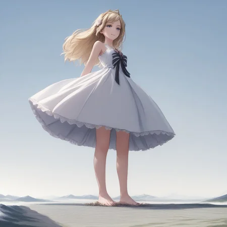score_9, score_8_up, score_7_up, score_6_up, score_5_up, macro, giantess,( 1girl:1.5), solo focus, ecute, blue eyes, flower, hair ornament, blonde hair, long hair, white dress, smug, (lace dress, lace:1.5), blonde, (low angle, from below:1.4), giantess, macro, blonde hair, landscape, barefoot, smiling, happy, sunny blue sky background, tiny cities, tiny landscape, landscape dwarfing, soles, dirty feet, feet, w1ngs, angel wings, angel, halo, angel halo, flat landscape, (twirl_spin, holding dress, spinning, dancing, happy, close up toes, toes:1.3), full body