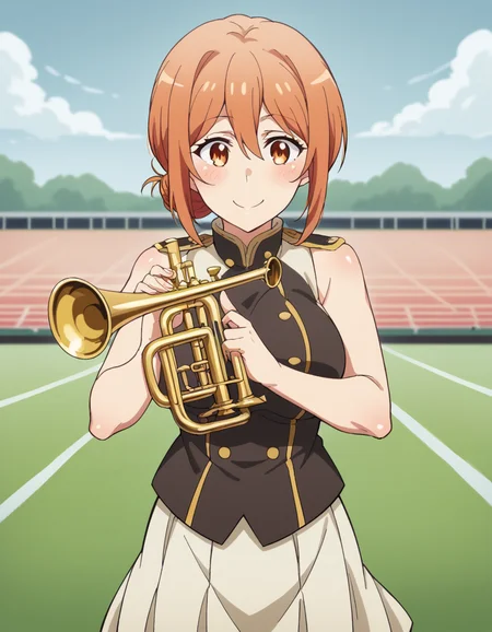 score_9, score_8_up, score_7_up, source_anime, <lora:mother-yuigahama-s2s3-ponyxl-lora-nochekaiser:1>, yuigahamama, hair bun, mature female, orange eyes, orange hair, short hair, single hair bun, hair between eyes, sidelocks, large breasts, <lora:band-uniform-ponyxl-lora-nochekaiser:1> band uniform, marching band, shako cap, trumpet, epaulettes, instrument, sleeveless, skirt, white skirt, miniskirt, playing instrument, track and field, blush, smile,, cowboy shot,
