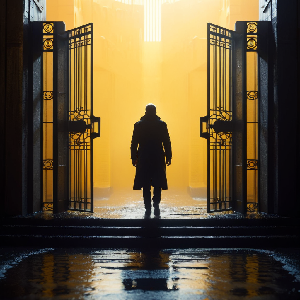 cinematic film still of  <lora:Blade Runner Style:1>
A wide angle ultra wide view of a Cinematic Hyperrealistic Artstation Artwork of a silhouette person standing in the middle of a wet ground with stairs and very big opened door gate with yellow orange background behind  Blade Runner style, shallow depth of field, vignette, highly detailed, high budget, bokeh, cinemascope, moody, epic, gorgeous, film grain, grainy