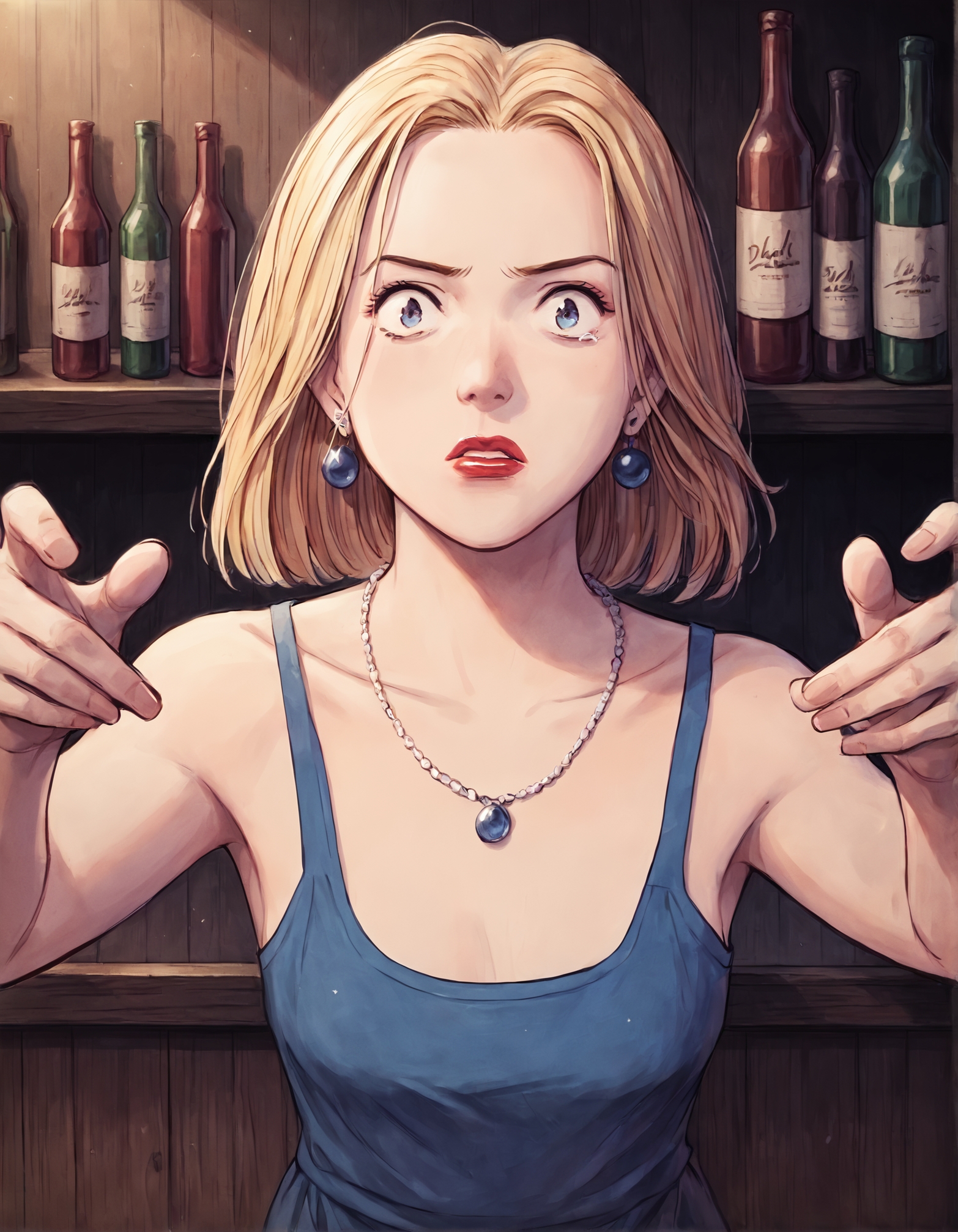 score_9, score_8_up, score_7_up,score_6_up,high resolution,n4a0kistyle,eva,1girl,solo,blonde hair,medium hair,dress,earrings,necklace,lipstick,make-up,in a bar,volumetric lighting,rim lighting,dof,dramatic shadow,looking at viewer,upper body,dynamic pose,looking at viewer,pov,front view,scared