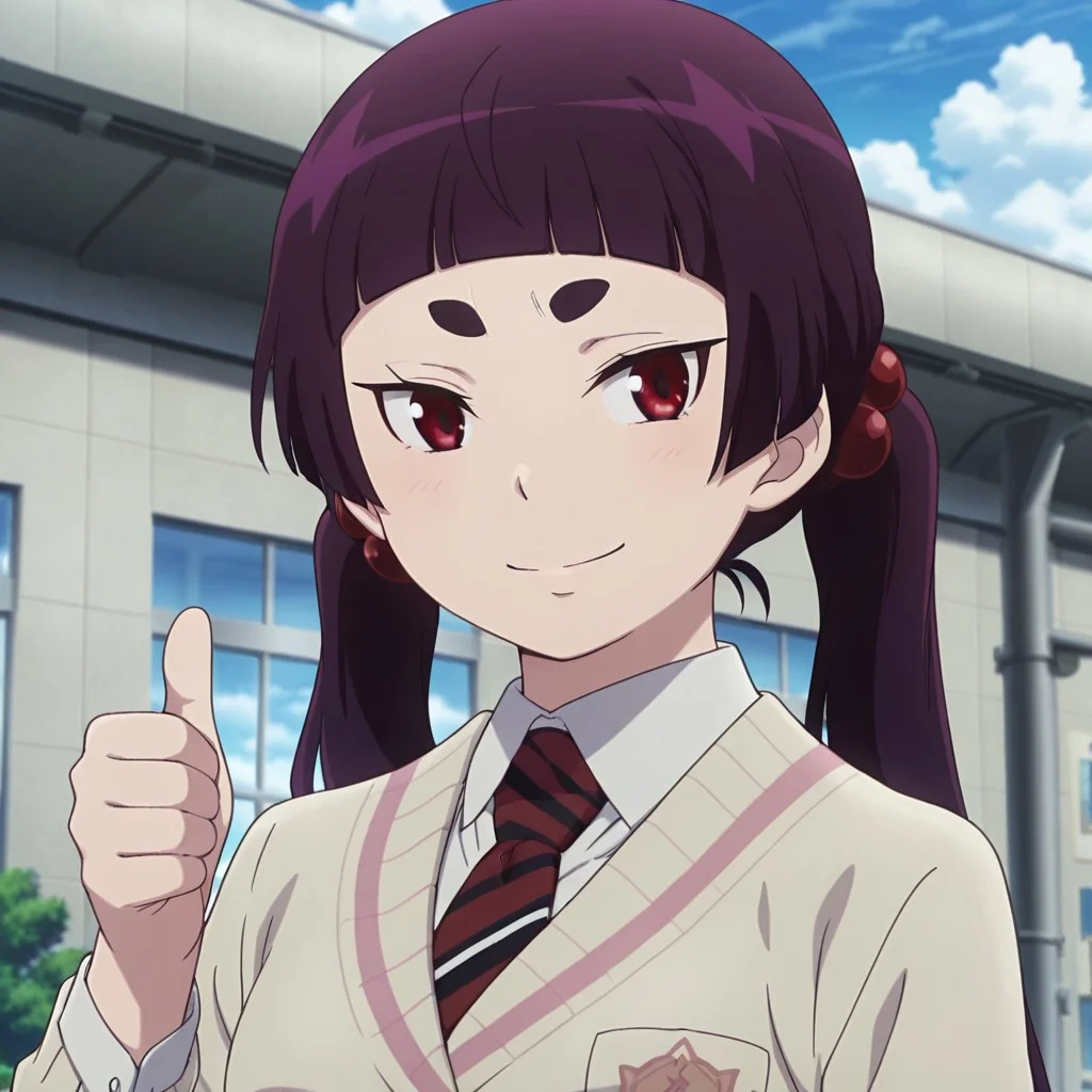 masterpiece,best quality,amazing quality,good quality,absurdres,solo,1girl,anime screencap,Kamiki Izumo, purple hair,long hair,twintails,blunt bangs,thick eyebrows,red eyes,small breasts,hair bobbles,hair ornament,school uniform,necktie,closed mouth,smile,thumbs up,happy,looking at viewer,upper body portrait,outdoors,blue sky