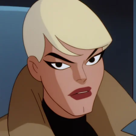 score_9, score_8_up, score_7_up, 1girl, solo, lipstick, blonde hair, short hair, black eyes, coat, looking at viewer, Maggie Sawyer (dc)