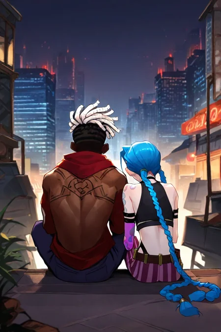 <lora:sitting_couple_IllustriousXL-000006:1>,masterpiece, highres, sitting , side-by-side, city, cityscape, from behind, 1girl, jinx, blue hair, pale skin, choker, long blue twin pigtails, tattoo,crop top, sleeve, armbands, purple striped pants, gloves, belt, BREAK, 1boy, ekko, ekko (league of legends), dreads, dreadlocks, white hair, short hair, dark-skinned male, sleeveless, sleeveless shirt, scarf, pants, white nose