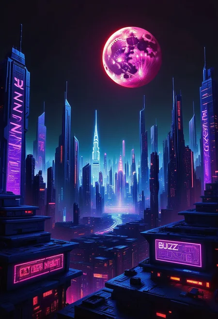 lazypos, urban feel, digital illustration, and geometric elements, all layered atop a white background, streaked with black ink and bold strokes, pushing the boundaries of a tech-driven, contemporary look grounded in cyberspace.
A visually striking cyberpunk netrunner's digital world, depicting a futuristic city skyline at night bathed in glowing blue, pink, and purple neon lights. Across the scene, a bold neon marquee displays the phrase: "Buzz keeps the Night Alight", illuminating the skyline with retro-futuristic energy.
Towering skyscrapers stretch into the sky, built with abstract geometric shapes and sleek minimalism, layered in vibrant color accents, red highlights, and intricate digital patterns. The setting evokes a (matrix inspired landscape:1.2), rich in (cyberpunk art:0.8) and (digital concept art:0.8).
Above, a massive crescent moon glows with a serene (smile on the moon:1.2), shimmering like a (hologram:0.6), a celestial form of (astral travel:0.3), ((created by glowing magical energy in cyberspace)).