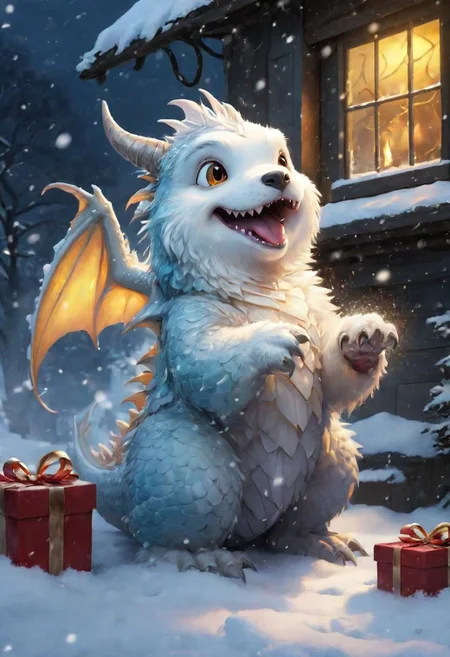 style by (Clay Mann:2.5),unique realistic (fluffy cute snow-dragon puppy:1.8)  getting a Christmas gift, Extrem surprise, a phantasmagoria, Christmas Night Atmosphere, Dynamic Angle, Dramatic Lighting, storm-snowfall detailed winter masterpiece, digital painting,<lora:add-detail-xl:1.4>, windy epic polar, ,(luminous reptile eye),professional make-up, mesmerize