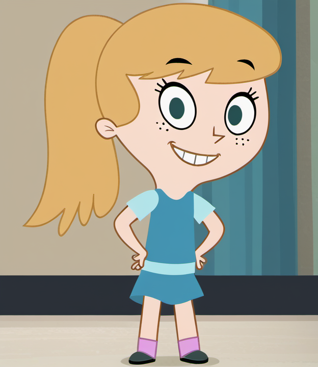 1girl, solo, fiokvk1, smug, looking at viewer, blonde hair, blue eyes, freckles, ponytail, socks, standing, skirt, shirt, child, style parody, long hair, full body, teeth, hands on hips, indoors, shoes, <lora:fiokvk1:1>,