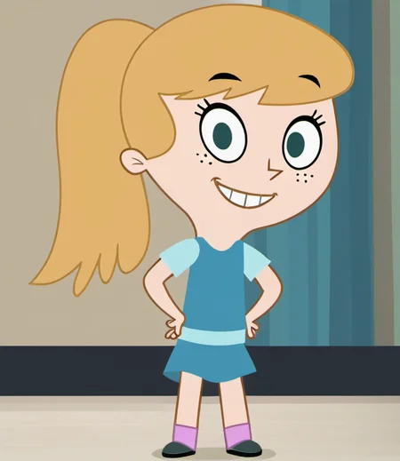 1girl, solo, fiokvk1, smug, looking at viewer, blonde hair, blue eyes, freckles, ponytail, socks, standing, skirt, shirt, child, style parody, long hair, full body, teeth, hands on hips, indoors, shoes, <lora:fiokvk1:1>,