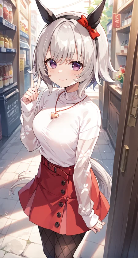 score_9,score_8_up,score_7_up,
official art,official style,game cg,megami magazine,
uncensored,
1girl,
crc casual, curren chan (umamusume),
animal ears, belt, black pantyhose, blush, bow, ear bow, ear covers,
fishnet pantyhose, fishnets, grey hair, hair between eyes, horse ears, horse girl,
pantyhose, purple eyes, red belt, red bow, red skirt, short hair, skirt,
sweater, white sweater, bangs, black hairband, eyebrows visible through hair,
hairband, highres, horse tail, long sleeves, see-through, see-through sleeves,
shirt, tail, violet eyes, sleeves past wrists, black legwear,
eyebrows behind hair, hair ribbon, headband, ribbon, silver hair,
jewelry, necklace, heart necklace,
standing,
<lora:umamusume_curren_chan_pony_v1.1:1>,