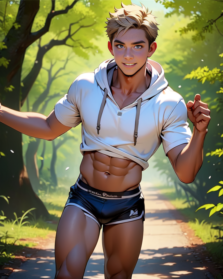 masterpiece, 1 boy,blond hair, blue eyes, caucasian, male focus,male, solo,nipples,short hair,shorts,looking at the audience,reality, detail face, dynamic cloth, focus face, dynamic pose, light skin hoodies, man underwear briefs, casual hike through the woods,