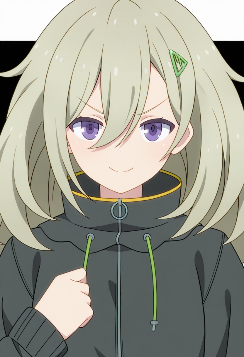 Tsutsuji HIGA,solo,smile,looking at viewer,jacket,hair ornament,upper body,closed mouth,v-shaped eyebrows,long sleeves,black jacket,<lora:Tsutsuji HIGA_illustrious-000036:1>