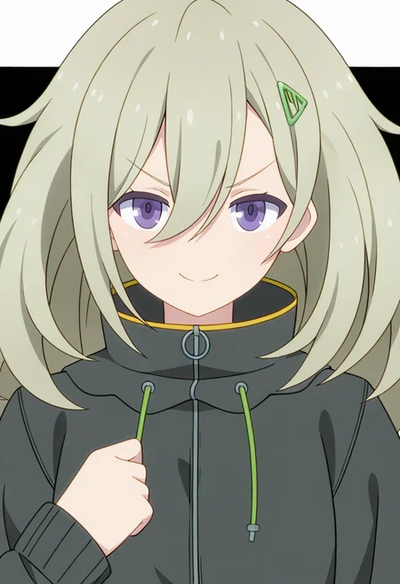 Tsutsuji HIGA,solo,smile,looking at viewer,jacket,hair ornament,upper body,closed mouth,v-shaped eyebrows,long sleeves,black jacket,<lora:Tsutsuji HIGA_illustrious-000036:1>