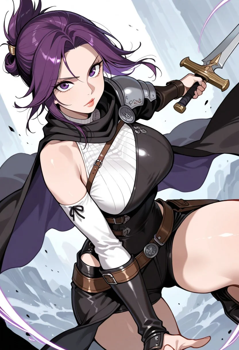 best quality, masterpiece, sfw,
n0m0, sabudenegostyleil,
close-up shot, view from aside,
solo, holding sword, dynamic fighting pose,
1girl,
human, purple hair, purple eyes, folded ponytail, soft lips, luscious lips, glossy lips,
armor, single shoulder armor, cape, single bare shoulder, clothed,
large breasts,
looking at viewer, closed mouth,