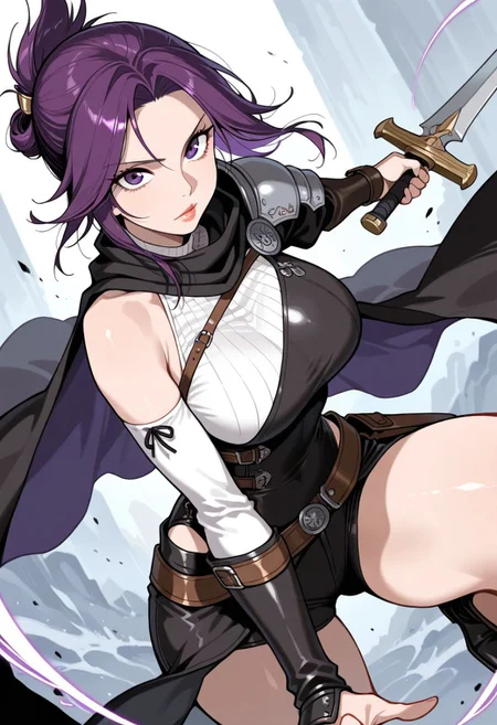 best quality, masterpiece, sfw,
n0m0, sabudenegostyleil,
close-up shot, view from aside,
solo, holding sword, dynamic fighting pose,
1girl,
human, purple hair, purple eyes, folded ponytail, soft lips, luscious lips, glossy lips,
armor, single shoulder armor, cape, single bare shoulder, clothed,
large breasts,
looking at viewer, closed mouth,