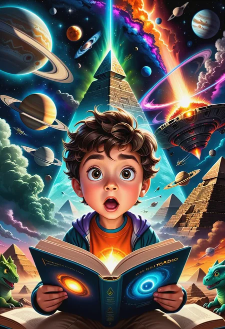 ultra detailed illustration close up science kid reading a book, surprised face in awe, cartoon style, dark background environment, surrounded by smaller images of a pyramid, alien, Saturn , rocket, E=MC2 , and tornado, dinosaur in far background, very colorful, bright