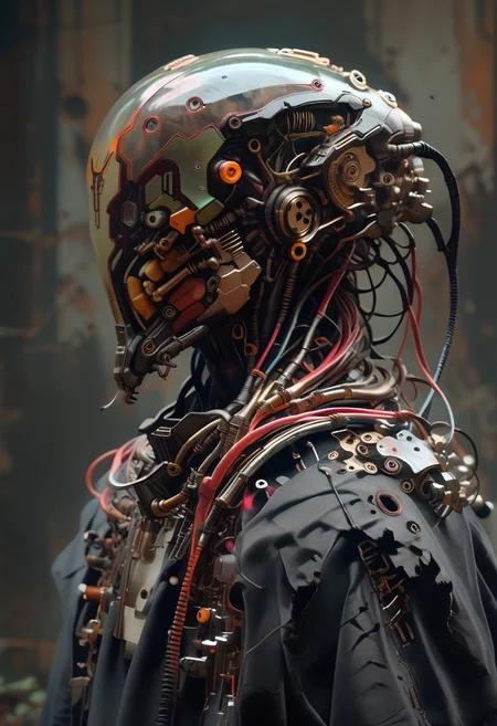 score_9, score_8_up, score_7_up, score_6_up, 
full body,
solo, latex inflatable cyborg,
reelmech, mechanical parts, cable, wires, machinery, joints, 
mcnm,
dark cyberpunk background,