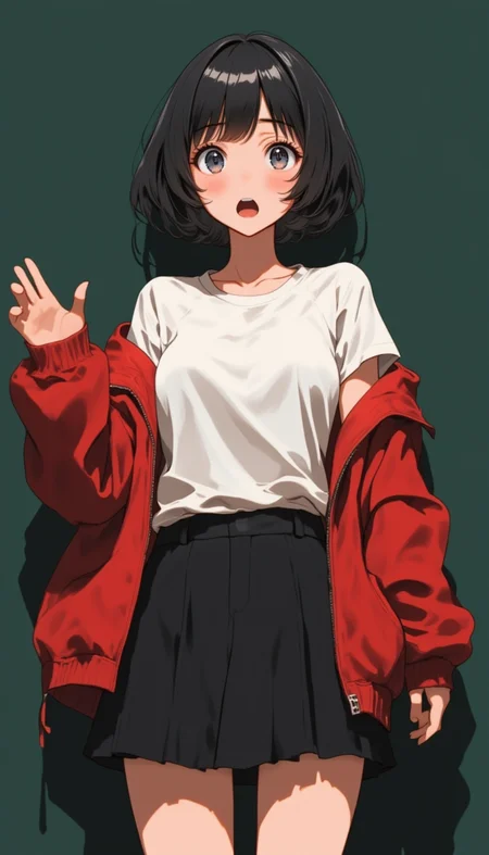 2D anime cartoon of an athletic woman, with very short hair and bangs, wearing casual and waving her hand. She has large eyes, an open mouth in surprise, and is wearing a white t-shirt, black skirt, and a red jacket, set against a dark green background. The character is facing the viewer from a frontal angle. Anime aesthetic in the style of A-idealism.lyh_niji