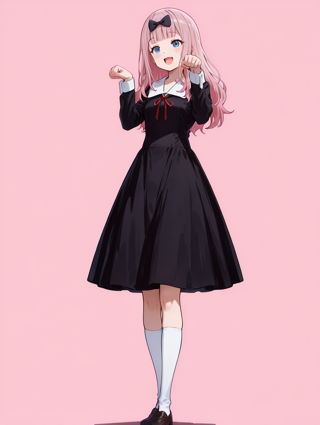 perfect quality,high quality,masterpiece,best quality,amazing quality,very aesthetic,absurdres,Cinematic Lighting,newest,Tactical use of shadow,
front view,full_shot,:d,
1girl,solo,long hair,pink hair,bangs,blunt bangs,bow,hair bow,black bow,blue eyes,shuuchiin academy school uniform,school uniform,ribbon,neck ribbon,red ribbon,dress,black dress,kneehighs,socks,white socks,shoes,FujiwaraChikaCYQL,
full body,standing,cat_pose,,
papayawhip background,simple background,
usnr,748cmstyle,<lora:USNR STYLE_XL_loha:0.45>,<lora:spo_sdxl_10ep_4k-data_lora_webui:0.6>,<lora:illustrious_all_rated_v1:0.6>,<lora:748cmSDXL:0.6>,<lora:illustrious_quality_modifiers_masterpieces_v1:0.8>,<lora:lora.by_tusi:1>,