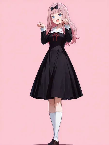 perfect quality,high quality,masterpiece,best quality,amazing quality,very aesthetic,absurdres,Cinematic Lighting,newest,Tactical use of shadow,
front view,full_shot,:d,
1girl,solo,long hair,pink hair,bangs,blunt bangs,bow,hair bow,black bow,blue eyes,shuuchiin academy school uniform,school uniform,ribbon,neck ribbon,red ribbon,dress,black dress,kneehighs,socks,white socks,shoes,FujiwaraChikaCYQL,
full body,standing,cat_pose,,
papayawhip background,simple background,
usnr,748cmstyle,<lora:USNR STYLE_XL_loha:0.45>,<lora:spo_sdxl_10ep_4k-data_lora_webui:0.6>,<lora:illustrious_all_rated_v1:0.6>,<lora:748cmSDXL:0.6>,<lora:illustrious_quality_modifiers_masterpieces_v1:0.8>,<lora:lora.by_tusi:1>,