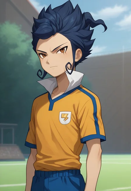 score_9, score_8_up, score_7_up, source_anime, highly detailed,
tsurugi, 1boy, male focus, solo, blue hair, brown eyes, sportwear, raimon, raimon soccer uniform, shirt, yellow shirt, short sleeves, shorts, blue shorts, upper body,
outdoor,