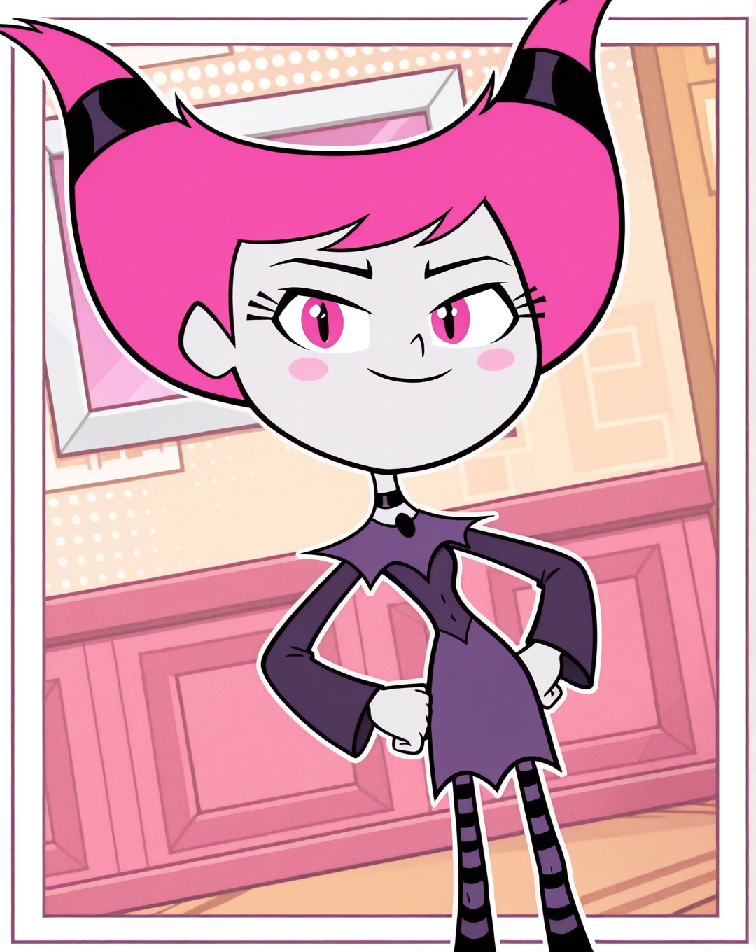 jinx_(Teen_Titans_Go!), 1girl, solo, full_body, pale-white skin, pink cheeks, long eyelashes, thin cat-like pupils, pink hair, horn-shaped pigtails, purple gothic dress, black and purple-striped stockings, black and purple boots, (smile, dutch angle, Hands on hips,naughty pose, looking at viewer, indoors, elegant room, solo, dynamic pose, head tilt,),(( dynamic halftone dot background, stylized background, White frame, Square frame, white outline))