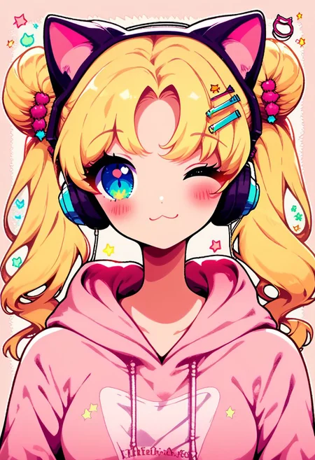 score_9, score_8_up, score_8, medium breasts, (curvy), cute, eyelashes,
pastel,
1girl, solo, long hair, looking at viewer, blush, blue eyes, blonde hair, hair ornament, long sleeves, animal ears, twintails, upper body, heart, one eye closed, hairclip, cat ears, hood, hair bun, star (symbol), parted bangs, double bun, hoodie, fake animal ears, headphones, hood down, animal ear headphones, cat ear headphones, pink hoodie, tsukino usagi,
smile,
zPDXL