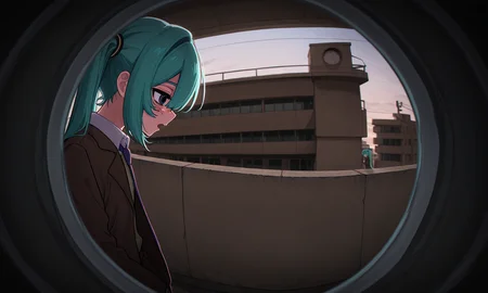 1girl, hatsune miku, hmmonitoring, peephole, very long hair, twintails, bangs, hair between eyes, freckles, school uniform, collared shirt, jacket, long sleeves,
standing, sad, upper body, open mouth, solo focus, from side, looking down, distortion,
outdoors, building, noon,
rating safe, cumbiology,
masterpiece, best quality, amazing quality, highres, newest, <lora:cumbiology:1.0> <lora:mikumonitoring_dyn095_rank16:1.0>