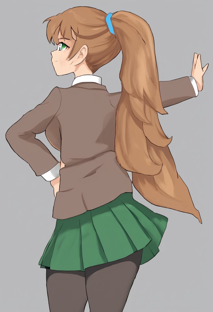 ddlcmonika, blunt bangs, brown hair, green eyes, long hair, ponytail, ribbon, white ribbon, hair ribbon, sidelocks, smile, black thighhighs, blue skirt, brown jacket, jacket, long sleeves, mary janes, over-kneehighs, pleated skirt, school uniform, shoes, skirt, thighhighs, zettai ryouiki, indoors, classroom, looking to the left
hand on hip, outstretched arms, ass, big ass, huge ass, (STRIKERSPEACHMEME), from behind
score_7_up, score_8_up
score_9, score_8_up, score_7_up, source_anime, ddlcmonika, <lora:ddlc-monika-ponyxl-lora-nochekaiser:1> 
1girl <lora:Strikers_Peach_Pose:1>