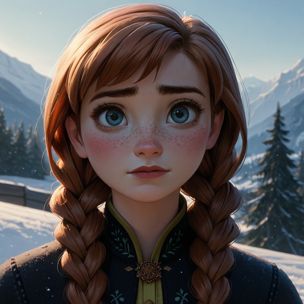 score_9, score_8_up, score_7_up, score_6_up, score_5_up, score_4_up, Anna, freckles, red hair, blushing, portrait, twin braids, snowy landscape