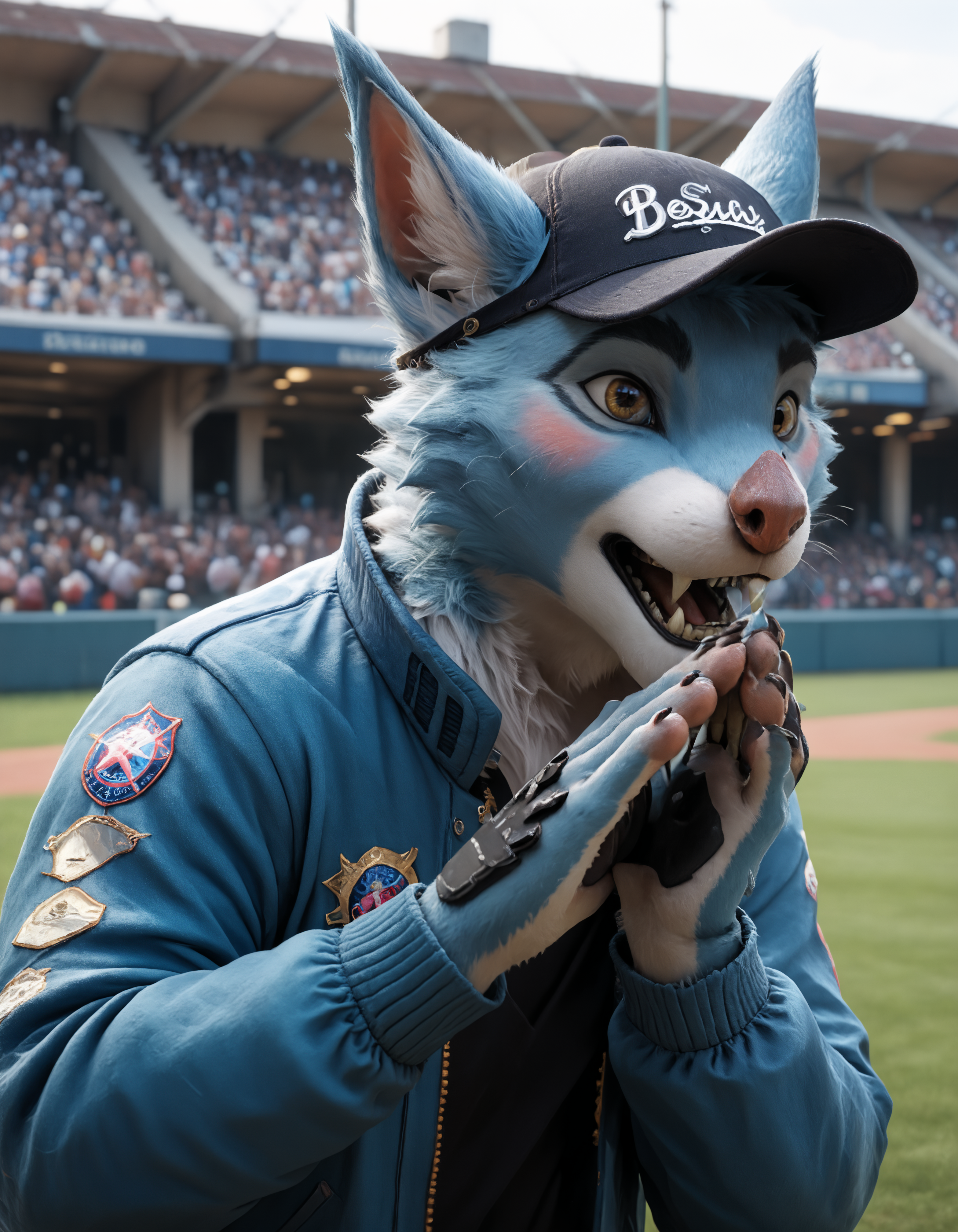 score_9, score_8_up, score_7_up, BREAK (anthro, furry:1.1), depth of field, cinematic lighting, masterpiece, (detailed teeth, detailed hands:1.25), best quality, ultra realistic, 4k, 2k, film photography, RAW photo, photorealistic, analog style, subsurface scattering, photorealism, embedding:unaestheticXL_bp5, embedding:zPDXL,(best quality, high quality, 8K:1.5), <lora:add-detail-xl:2.5>, <lora:fix_hands.safetensors:2.0>, <lora:2.5DRealisticV2.safetensors:0.2>, <lora:sinfully_stylish_SDXL.safetensors:0.6>, <lora:AdvancedEnhancerXLv2.safetensors:1.0>, (hi res), ((masterpiece)), ((best quality)), illustration, <lora:Kubrow_Warframe.safetensors:0.7>, (furry, anthro:1.2), kubrow, mammal, anthro, blush, (1boy, male:1.4), fur, (slightly chubby:0.9), solo, unusual coloring fur, (barefoot:1.25)  solo, open_mouth, long_sleeves, 1boy, hat, jacket, upper_body, male_focus, outdoors, day, black_eyes, black_headwear, baseball_cap, realistic, photo_background
