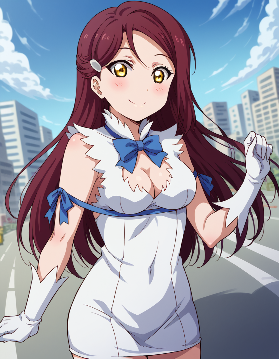score_9, score_8_up, score_7_up, source_anime, <lora:riko-sakurauchi-s2-ponyxl-lora-nochekaiser:1>, riko sakurauchi, long hair, hair ornament, yellow eyes, red hair, hairclip,, <lora:hestia-cosplay-ponyxl-lora-nochekaiser:1>, hestiacosplay, hestia (danmachi) (cosplay), blue bow, blue bowtie, bow, bowtie, cleavage, cleavage cutout, clothing cutout, dress, gloves, pencil dress, rei no himo, short dress, white dress, white gloves, blue ribbon, arm ribbon,, outdoors, cityscape, street, smile, blush, , cowboy shot, dutch angle