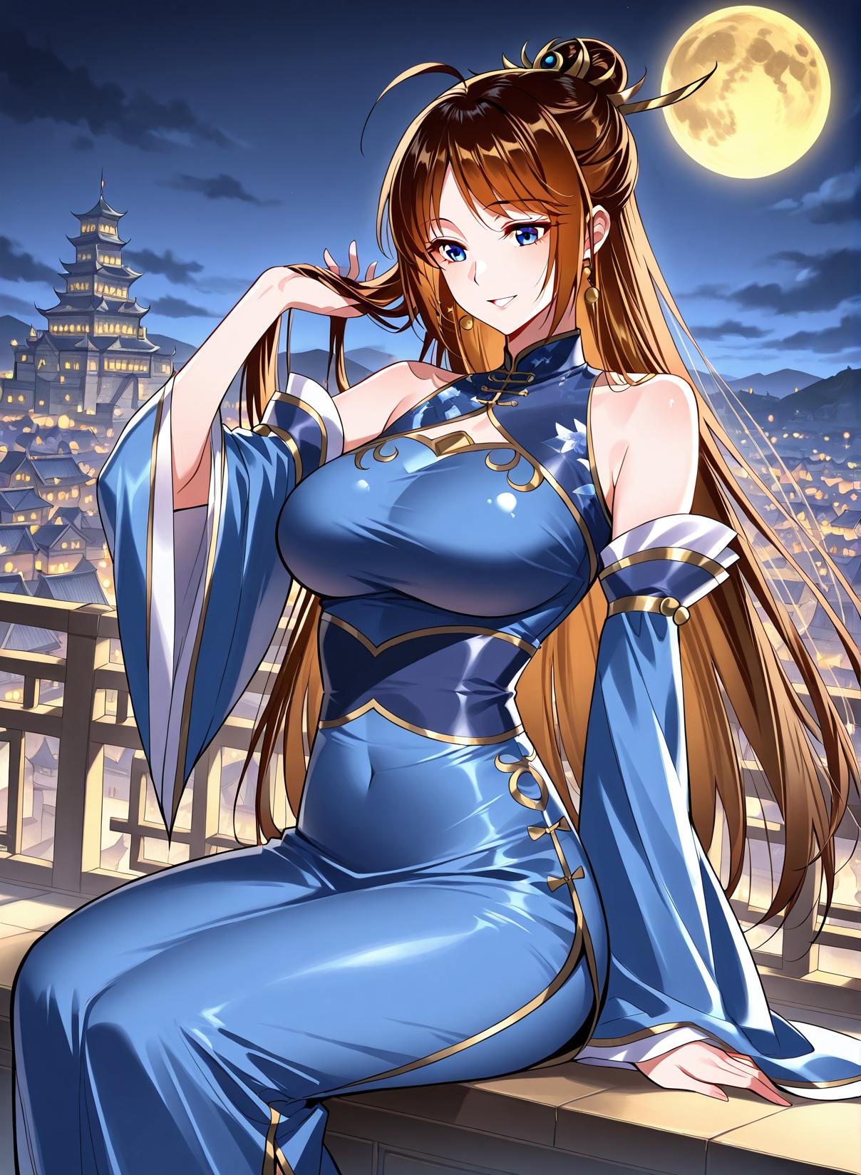 <lora:Xiao_Ruoyin__I_am_the_Fated_Villain__Illustrious:1>
1 girl, solo, blue eyes, long hair, brown hair, hair, hair bun, ahoge, big breasts
chinese clothes, blue dress, detached sleeves, jewelry, earrings, hair ornament, bare shoulders
score_9, score_8_up, score_7_up, very aesthetic, source_anime, detailed, high quality, beautiful, masterpiece, detailed eyes, castle, village, blurry background, cityscape, pose dynamic angle, light smile, open mouth, hand on hair, sitting, night, golden moon,