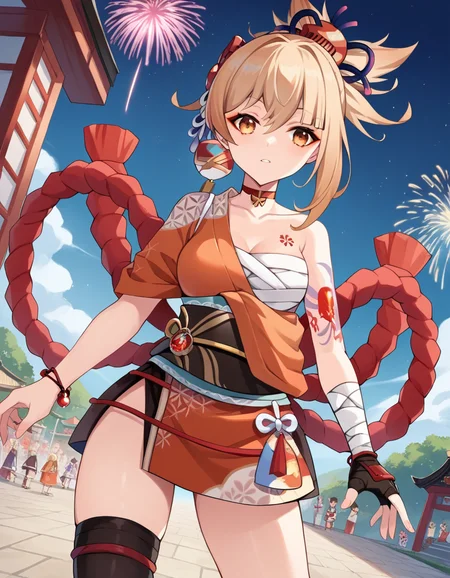 score_9, score_8_up, score_7_up, source_anime,
yoimiya, <lora:yoimiya-ponyxl-lora-nochekaiser:1>,
yoimiya, bangs, blonde hair, hair ornament, hair between eyes, ponytail, sidelocks, orange eyes, light brown hair,
thighhighs, gloves, jewelry, japanese clothes, choker, fingerless gloves, kimono, bracelet, sash, tattoo, bandages, obi, rope, asymmetrical legwear, pouch, sarashi, bandaged arm, red choker, arm tattoo, shimenawa, bandaged leg, chest tattoo, hadanugi dousa, orange kimono, single fingerless glove,
outdoors, shrine, fireworks, festival,
looking at viewer, dutch angle, cowboy shot,