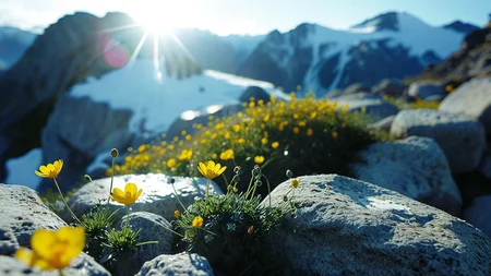 A professional scenic photography of the view On a windswept granite amphitheater lined with tiny alpine buttercups. At winter midday, bright sun sparkles on crystalline frost, crisp shadows carve every rock, and swirling vapor drifts from hidden springs. ,, masterpiece, best quality, amazing quality, very aesthetic, high resolution, ultra-detailed, absurdres, scenery, film grain, HDR, 8K, high contrast, realistic, cosplay, muted lithing, sharp focus, (chromatic aberration), fine details,