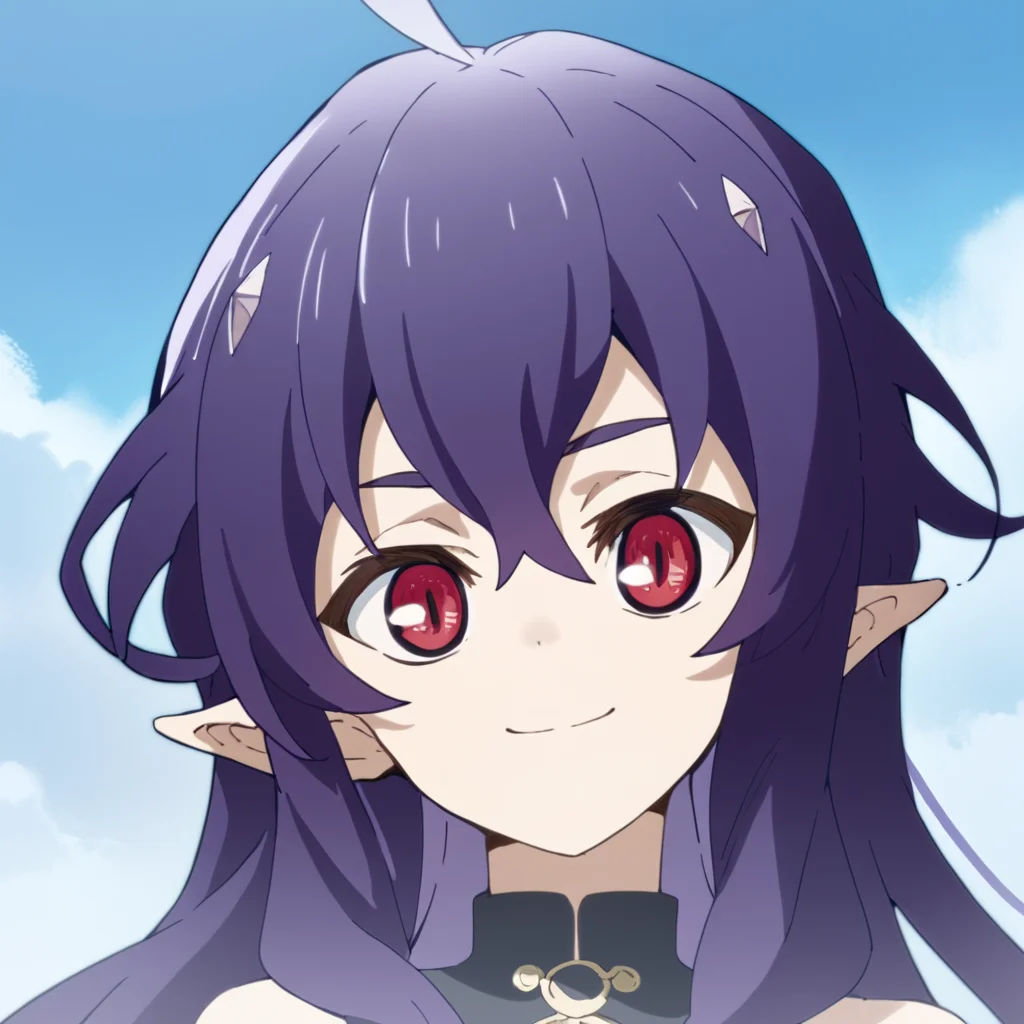 score_9, score_8_up, score_7_up, score_6_up, score_5_up, score_4_up, source_anime, Asuramaru, long hair, red eyes, purple hair, ahoge, pointy ears, , soft smile, portrait