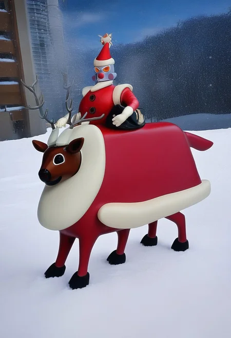 Realistic photo, ultra-realistic photo, detailed, cinematic lighting, RAW photo, high quality, masterpiece, r0b0t_s4nta_c1aus, Robot Santa Claus riding a reindeer, bag of presents over his shoulder