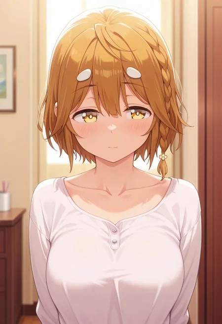 masterpiece,best quality,amazing quality, koiwai yoshino, short hair, braid, brown hair, 1girl, solo, yellow eyes, hair ornament, indoors, side braid, collarbone, blurry, single braid