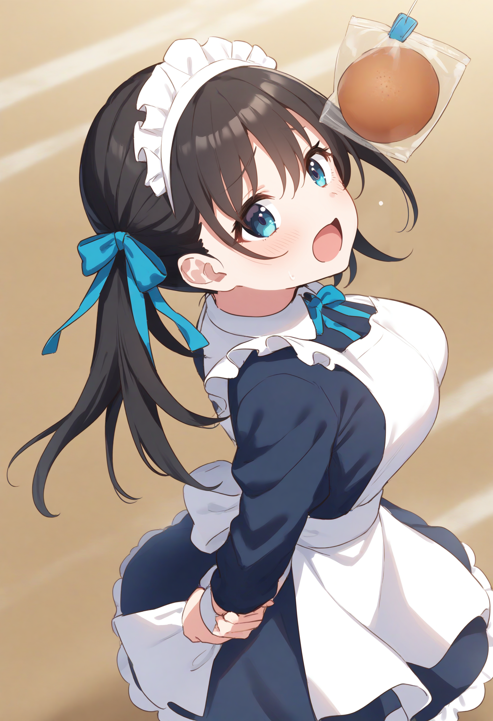1girl,sincos, ningen mame, toosaka asagi,solo,medium breasts,20yo,maid,maid headdress,
bread eating race,sports festival,bread,arms behind back,<lora:breadeatingrace_XL_v1:0.8>
open mouth, bouncing breasts, plastic bag,
from behind, cowboy shot, looking up, black hair, black eyes,water eye, open mouth, french hair,,
best quality, very aesthetic, absurdres