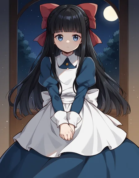 score_9, score_8_up, score_7_up, source_anime,
ayadrevis, <lora:aya-drevis-ponyxl-lora-nochekaiser:1>,
aya drevis, long hair, blue eyes, black hair, hair bow, red bow, bangs, blunt bangs,
long sleeves, dress, frills, puffy sleeves, apron, blue dress,
indoors, night, moon,
solo, looking at viewer, cowboy shot, straight-on,