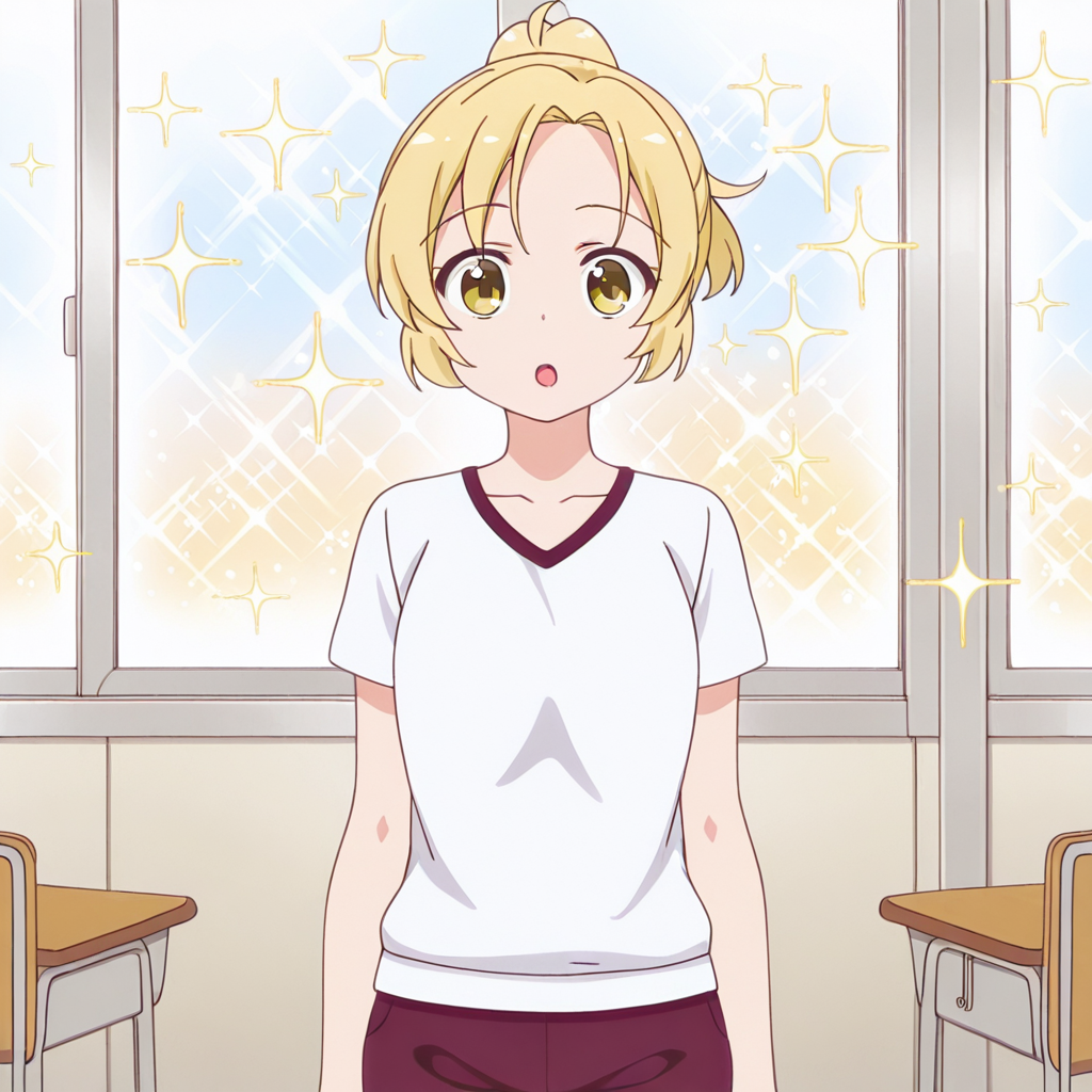 nsfw, masterpiece,best quality,amazing quality, 1girl, solo, anima_yell_uki_sawatari, standing, blonde hair, shirt, yellow eyes, white shirt, looking at viewer, short sleeves, short hair, :o, ponytail, bangs, gym uniform, gym pants, sparkle, open mouth, parted bangs, classroom, <lora:Uki_Sawatari_-_Anima_Yell:0.7>