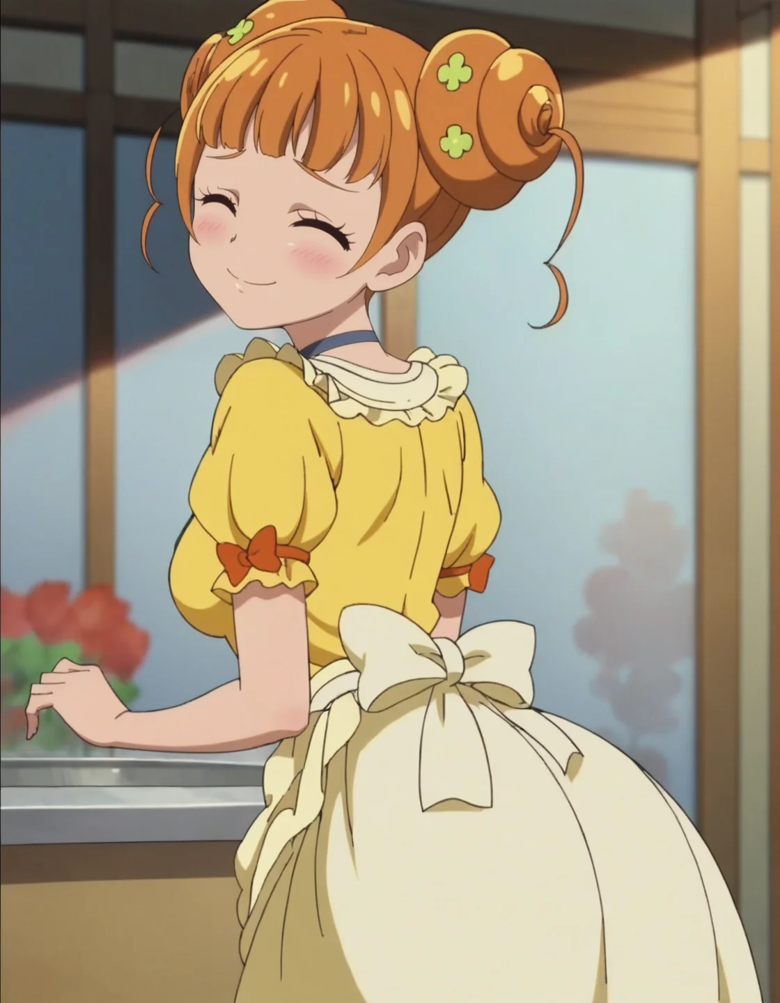score_9, score_8_up, score_7_up, anime screencap, solo,1girl,yotsubaalice, smile,choker, dress,looking at viewer,hair ornament,cowboy shot ,medium breasts,blush,happy,closed eyes,from behind,ass<lora:yotsubaalice:0.8>