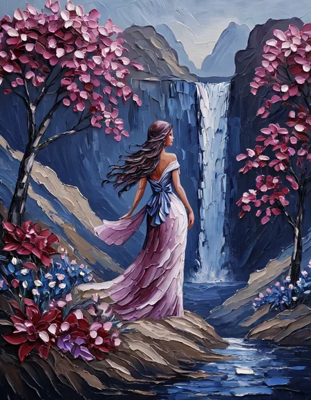 novuschroma style woman in a landscape with a waterfall and flowers <lora:153_novuschromaSXL_a3:1>