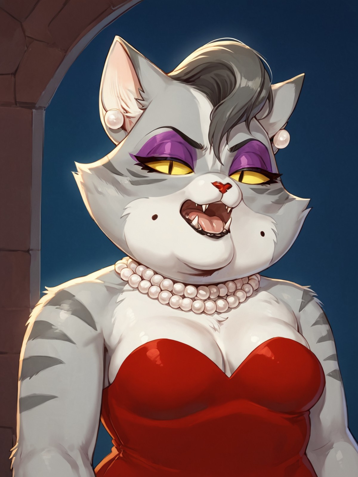 score_9,score_8,source_furry,
<1girl:1.5>,
<solo:1.5>,
melira_pibby, melira, cat girl, yellow sclera, solo, colored sclera, grey fur, red dress, furry, 1girl, blue background, necklace, dress, two-tone fur, breasts, jewelry, upper body, animal nose, animal ears, fangs, furry female, whiskers, strapless dress, body fur, makeup, hand up, strapless, white fur, cleavage, eyeshadow, slit pupils, beads, pearl necklace, grey hair, yellow eyes, bare shoulders, mole, medium breasts, open mouth, teeth, bead necklace, :3, half-closed eyes, fangs out,
 <lora:Melira_Pibby-10:1> melira_pibby