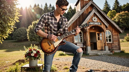 Candid photography of a groom dressed in a flannel shirt and blue jeans and dark sunglasses, playing a 'Gibson' electric guitar outside of a charming country chapel. He stands confidently, rocking out on the guitar with a casual and relaxed appearance. The flannel shirt and jeans give a laid-back, rustic vibe. The wooden chapel in the background and the surrounding nature create a peaceful, rustic atmosphere, while the groom's guitar playing adds a fun and energetic touch to the scene. The sunlight illuminates the groom and the guitar, creating a warm and inviting atmosphere. <lora:Sherry-00:1>