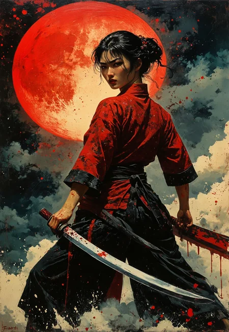 safe_pos, splash art, portrait of beautiful oriental swordswoman, clad in black, holding a bloody katana, blod on the balde, swinging the katana in an arc, blood splatters, motion blur on the blade as it swings, red moon, dark clouds, atmospheric, direct gaze, blood splatter, sexy, atmospheric, masterpiece, best quality, vivid colors, masterpiece
midjourneyv6.1 (in the style of Frank Frazetta painting) Dean Cornwell, design, 1970s, Russian Constructivist style, double exposure, volumetric lighting, expressive, ancient starchart, ink spattered background, warm colors, space, art deco, splatter, Japanese Woodblock print, planar rectilinear shapes, extreme energy, dynamic posing, Dutch angle, black, Crimson<lora:xl_more_art-full_v1:0.3>