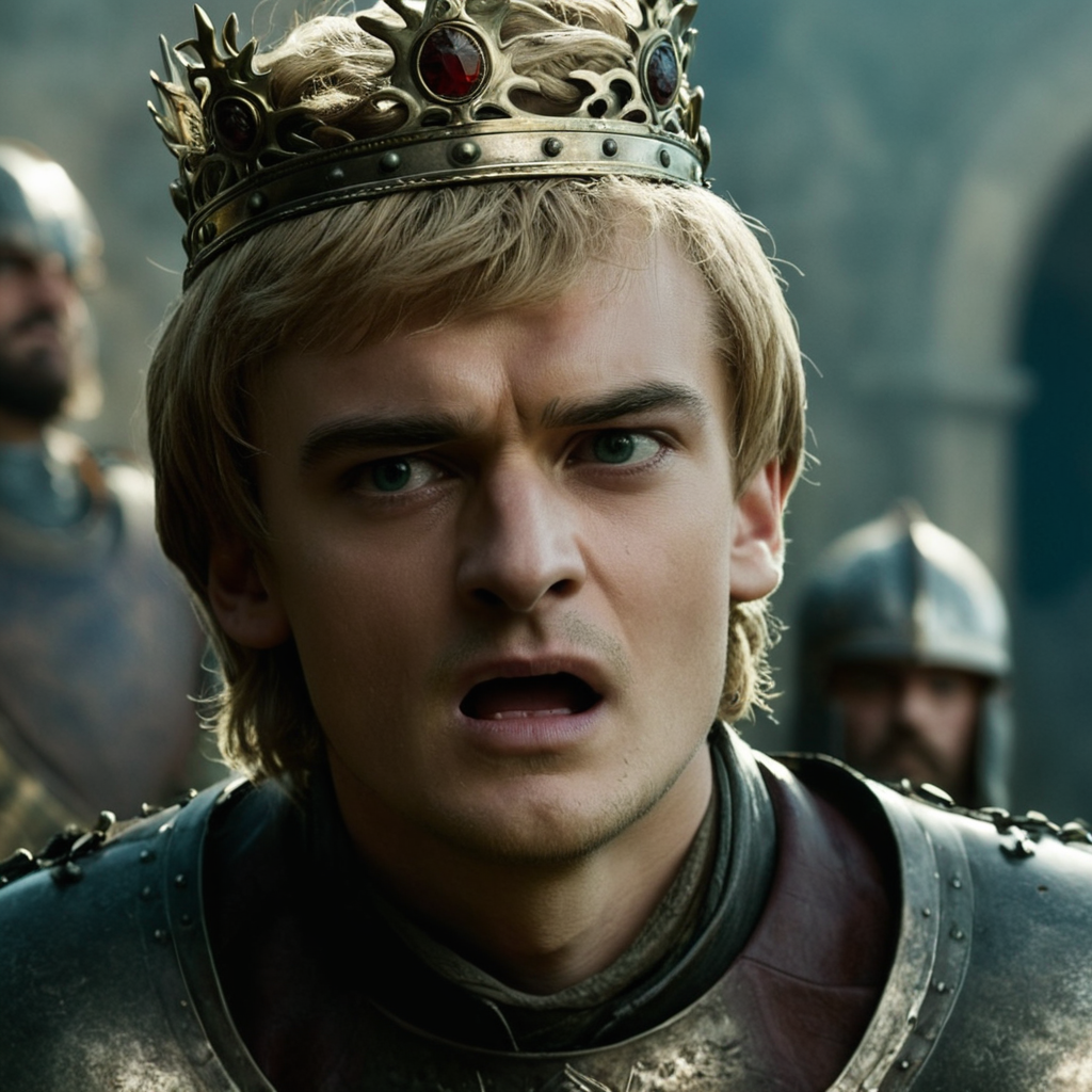 cinematic film still of  <lora:Game of Thrones style:1>
In medieval times Jack Gleeson Joffrey Baratheon a man in a crown is holding his throat,solo,short hair,open mouth,blonde hair,1boy,green eyes,upper body,male focus,teeth,armor,blurry background,crown,portrait,chainmail , cinematic, film, movie still, movie style, film style, fantasy drama, epic drama, dramatic light, dramatic shadow, fictional, Age of Wonders, Age of Empires, warriors,  Medieval style, middle ages, dungeons and dragons style, contrast, color, different people, different, unique, kingdoms and castles style, violent, aggressive, detailed, perfection, detailed face, detailed body, detailed hands, detailed eyes, sharp, Game of Thrones style, shallow depth of field, vignette, highly detailed, high budget, bokeh, cinemascope, moody, epic, gorgeous, film grain, grainy