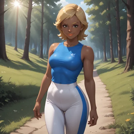 score_9, score_8, BREAK, solo, wii, mii, wii sports, 1girl, female mii, blonde hair, blonde eyebrows, black eyes, lips, black skin, dark blue clothing, white pants, shoes, breasts, nintendo mii, modern_mii, classic_mii, Stephanie_(Wii_Sports), black skin female, sexy pose, self portrait, smile, outdoors, sunlight, shadows, evening lighting, natural lighting, forest, trees, grass, orange sky, sunset