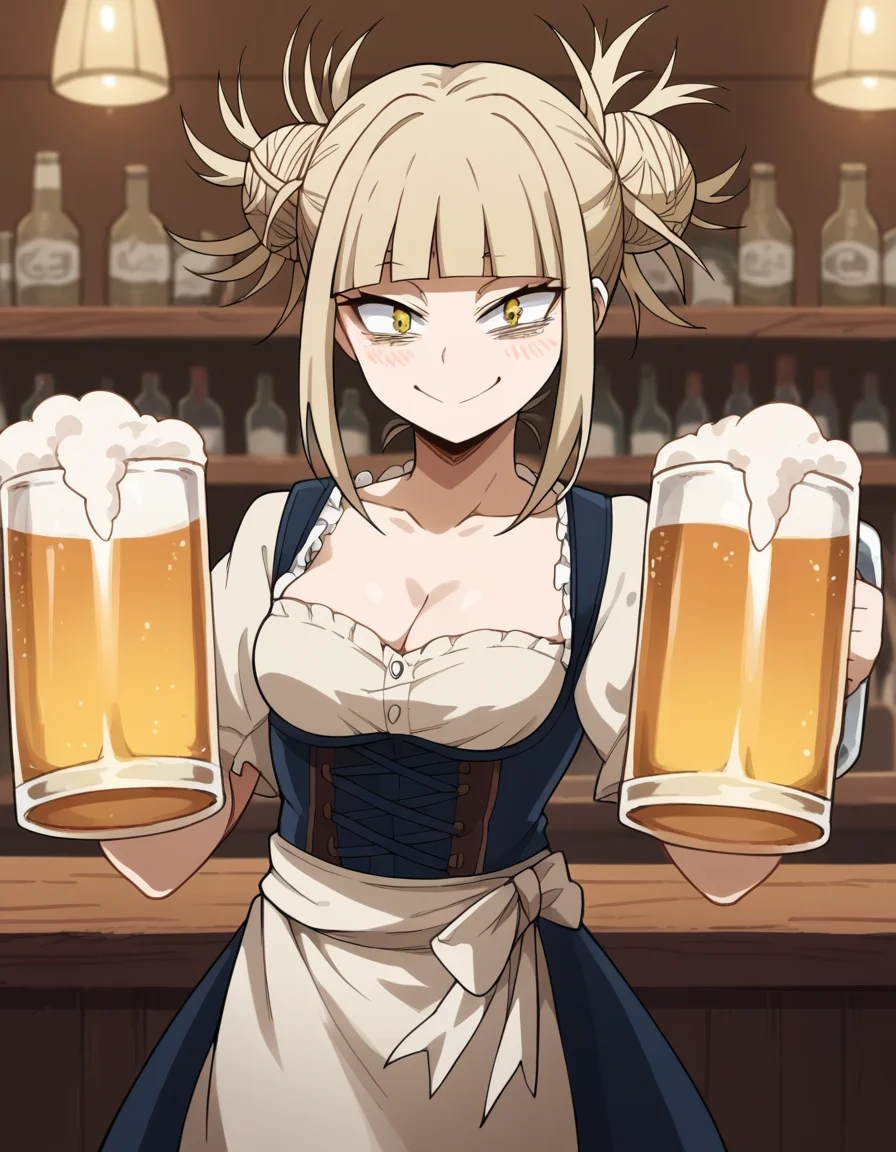 score_9, score_8_up, score_7_up, source_anime, <lora:himiko-toga-s5-ponyxl-lora-nochekaiser:1>, himiko toga, bangs, blonde hair, yellow eyes, blunt bangs, hair bun, double bun, messy hair,, <lora:dirndl-ponyxl-lora-nochekaiser:1>, dirndl, german clothes, beer mug, collarbone, cleavage, beer, underbust, waist apron,, indoors, bar, smile, blush,, , cowboy shot, dutch angle