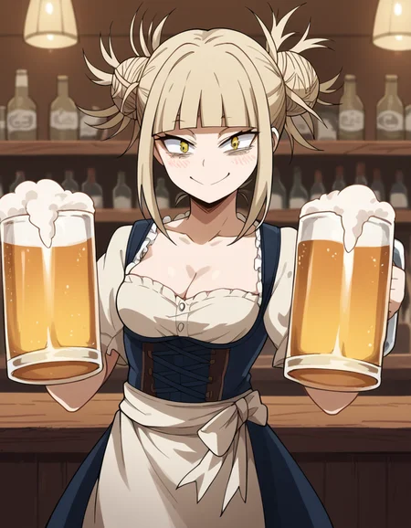 score_9, score_8_up, score_7_up, source_anime, <lora:himiko-toga-s5-ponyxl-lora-nochekaiser:1>, himiko toga, bangs, blonde hair, yellow eyes, blunt bangs, hair bun, double bun, messy hair,, <lora:dirndl-ponyxl-lora-nochekaiser:1>, dirndl, german clothes, beer mug, collarbone, cleavage, beer, underbust, waist apron,, indoors, bar, smile, blush,, , cowboy shot, dutch angle