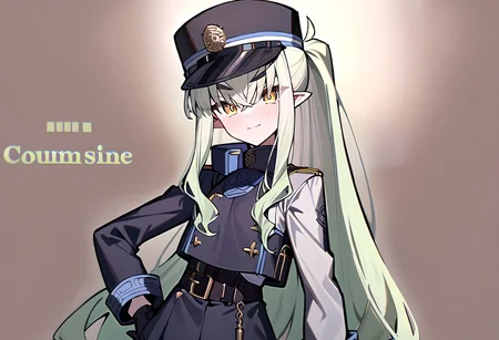 1girl, Melusine \(fate grand order\), fate grand order, solo, long hair, hat, white hair, pointy ears, yellow eyes, peaked cap, jacket, black gloves, hand on own hip, closed mouth, hair over one eye, looking at viewer, brown necktie, large breasts, eyes visible through hair, smile, long sleeves, ponytail, gloves, upper body, light green hair, character name, necktie, breasts, english text, blush, black headwear, white jacket, 
masterpiece,best quality,  newest, absurdres, safe <lora:ag31_twin_fp8-000036:1>