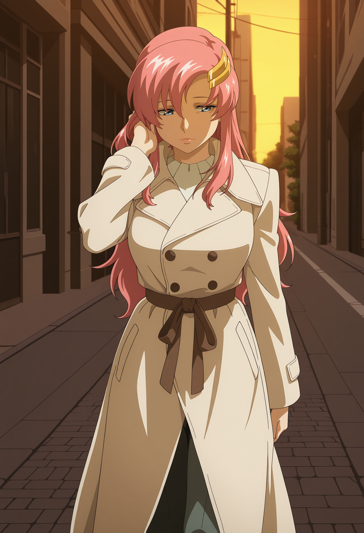 1girl,solo,mm,mature female,pink hair,long hair,hair ornament,blue eyes,anime coloring,
coat,shirt,pants,walking,hand in own hair, street,
,masterpiece,best quality,amazing quality,<lora:Lacus_Clyne-Gundam_SEED_Freedom_r1:0.8>